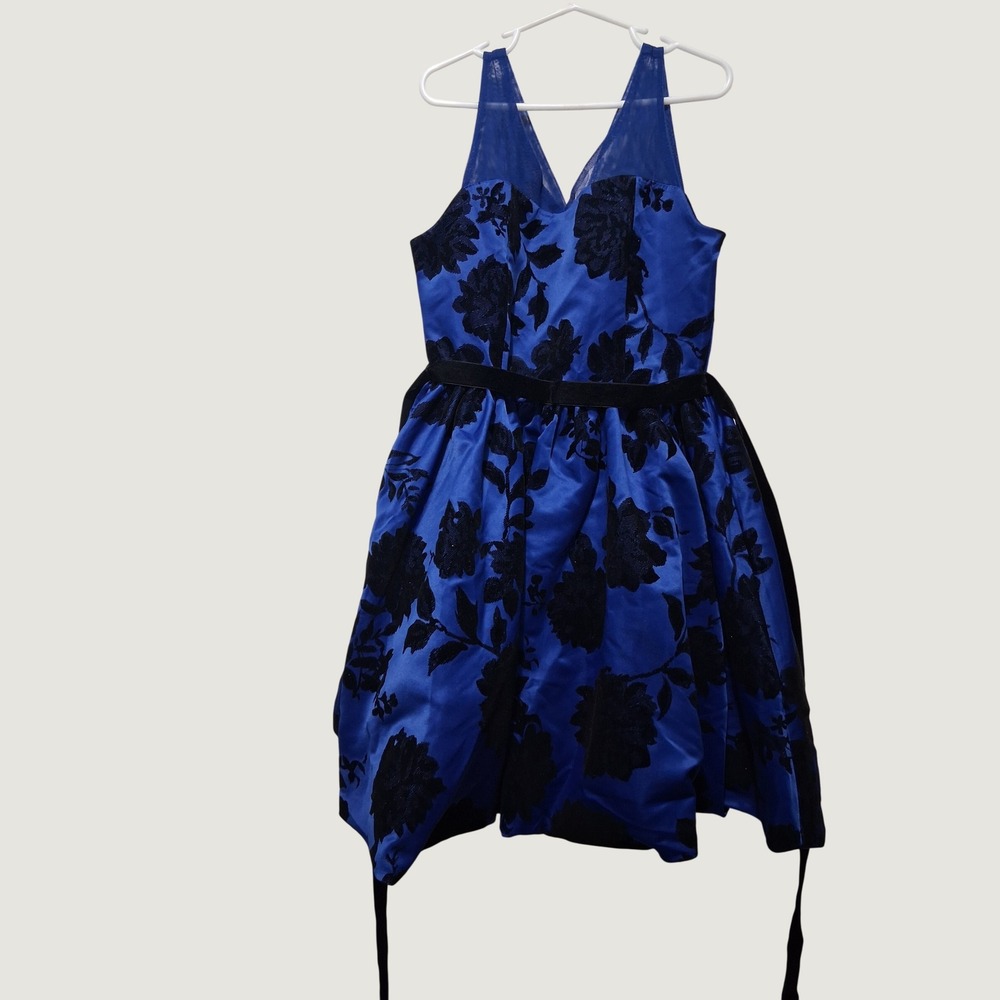 Rare Edition Girls Royal Blue Black Flocked Floral Bubble Hem Formal Dress Sz 8